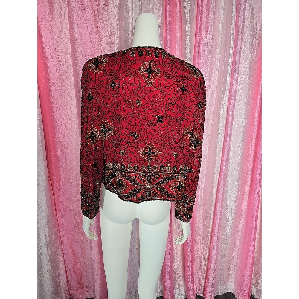 Vintage Adrianna Papell Red Silk Exquisite Beaded Evening Jacket Size 8 - Picture 8 of 16